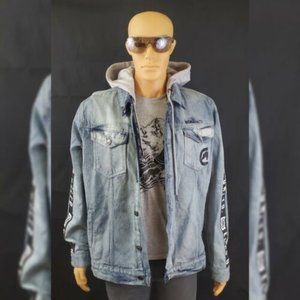 ECKO UNLTD JEAN JACKET MENS ECKO DESIGN LOGO IN ARMS WITH HOOD AND POCKET SIZE L
